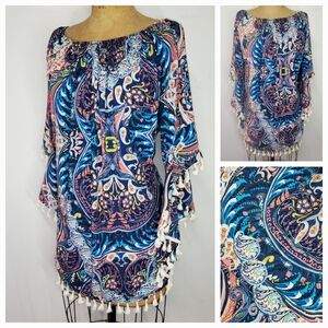 Umgee Size M/L Dress Oversized Smocked Rainbow Paisley Fringe Tassel Bell Sleeve